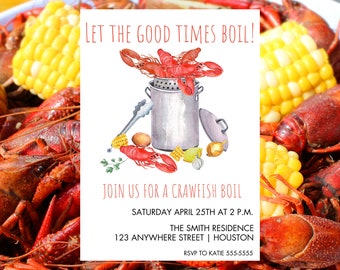 Puede incluir: Una tarjeta de invitación blanca con texto rojo que dice "Let the good times boil!" y "Join us for a crawfish boil". La tarjeta presenta una ilustración de acuarela de una olla de cangrejos de río con maíz en la mazorca, papas y ajo.