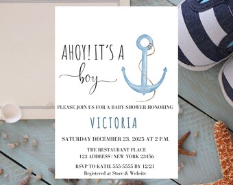 Ahoy Its a Boy Invitation, Baby Shower Invitation, Ahoy It's A Boy Baby Shower Invitations, Ahoy It's a Boy Invitation, BL13
