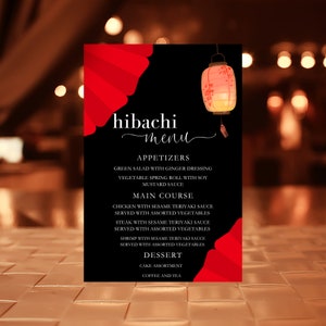 Menu Hibachi, Menu na imprezę Hibachi, Menu na kolację Hibachi, Impreza Hibachi, Karta menu na kolację Hibachi, Menu na kolację urodzinową Hibachi, EDYTOWALNE, BL28