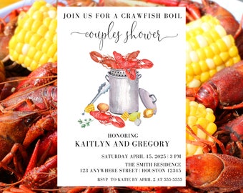 Puede incluir: Una invitación blanca con el texto "Join us for a Crawfish Boil Couples Shower" e ilustraciones de acuarela de cangrejos de río, maíz y una olla. La invitación honra a Kaitlyn y Gregory.