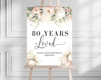 80 Years Loved-welkomstbord, 80 Years Loved-bord, 80e welkomstbord, 80e verjaardagsfeestje, 80e bloemenverjaardagsversieringen, roze, BL80