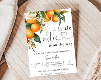 Une petite mignonne est en route, une invitation pour une baby shower, une petite mignonne est en chemin, une invitation pour une baby shower, le thème des agrumes, orange, modifiable