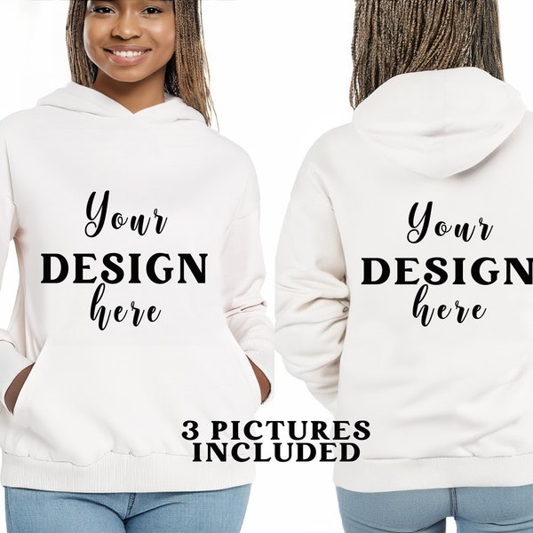 Women Mockup, Front and Back, White Hoodie Mockup, Girl Model Mockup, Long Sleeve, Stock Photo, African American Female model, White T-shirt