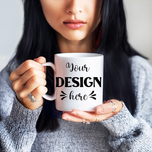 Mug Mockups, Woman Mockup, Model Holding, Coffee Mug Mockup, Stock Photo, Blank Mug, Girl, Simple, Picture Mockup, White Mug, Short Sleeve