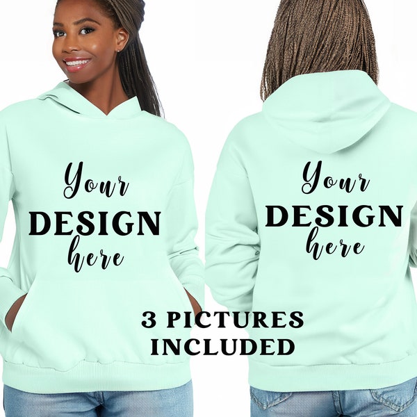 Women Mockup, Front and Back, Green Hoodie Mockup, Girl Model Mockup, Long Sleeve, Stock Photo, African American Female model, White T-shirt