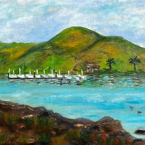 Sausalito, California – Original Oil Painting. Coastal Landscape with Boats and Hills