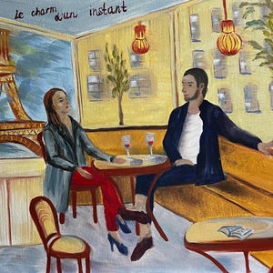 The charm of a single moment. Original oil painting cafe in Paris. Love story in Paris painting.