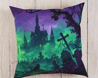 Housse de coussin cimetière néon, taie d'oreiller cimetière minuit, coussin pierres tombales, taie d'oreiller violet et vert, coussin décoratif macabre
