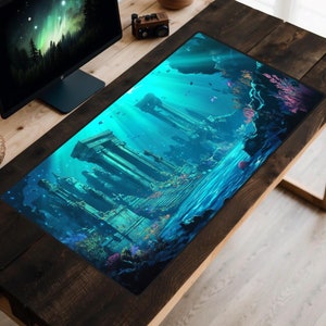 Tapete de mesa Atlantis, Tapete de mesa Underwater Ruins, Topper de mesa Under the Sea, Mousepad do fundo do oceano, Tapete para laptop Deep Sea City, Água azul, Fantasia
