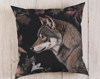 Rustic Wolf Pillow Cover, Cottagecore Wildflowers Pillow Case, Medieval Castle Decor Throw Pillows, Dire Wolf Pillow Sham, Wild Wolves