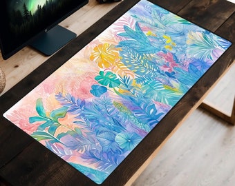 Tapete de escritorio con tonos pastel tropicales, tapete de escritorio con plantas de la selva en acuarela, tapete de ratón con pintura de monstera, tapete de escritorio con colores vibrantes, paraíso botánico