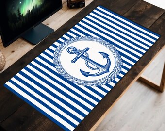 Nautical Theme Anchor Desk Mat, Blue and White Striped Sailor Mouse Pad, Large Coastal Office Decor, Beach House Gift, Trendy Workspace