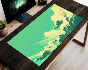 Green Clouds Pop Art Desk Mat, Green Cloudy Sky Desk Pad, Trendy Workspace, Cloudscape Mousepad, Emerald Halftone Laptop Mat, Play Mat