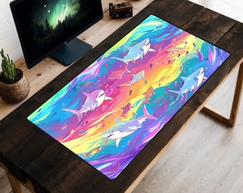 90&#39;s Sharks Desk Mat, Tie Dye Shark Desk Pad, 80&#39;s Aesthetic Mousepad, Beach Vacation Theme Desk Topper, Cute Laptop Mat, Kawaii Sea Animals