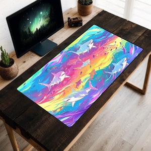 90&#39;s Sharks Desk Mat, Tie Dye Shark Desk Pad, 80&#39;s Aesthetic Mousepad, Beach Vacation Theme Desk Topper, Cute Laptop Mat, Kawaii Sea Animals