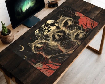 Racoon Desk Mat, Racoons Mousepad, Trash Panda Desk Pad, Trendy Workspace, Moon Desk Topper, Worship the Moon, Bootleg, Funny, Animals