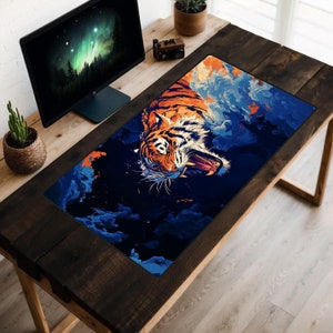 Cloud Tiger Desk Mat, Tiger Attack Desk Pad, Dark Blue Desk Mat, Bengal Tiger Desk Topper, Vibrant Colors, Animal Lover, Fierce Cat Mousepad
