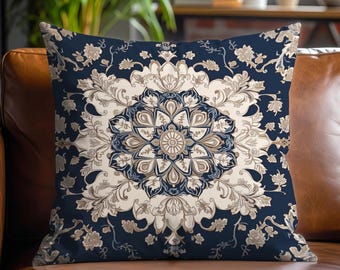 Funda de almohada con encaje azul marino y crema, elegante funda de almohada barroca, cojín decorativo victoriano con filigrana, cojín decorativo de estética antigua