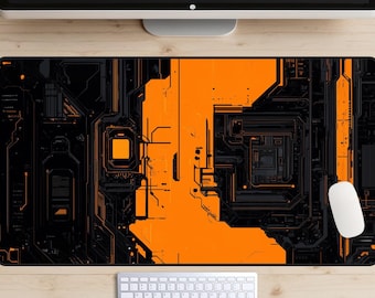 Orange Cyberpunk Circuits Desk Mat, Circuit Board Desk Pad, Motherboard Mousepad, Computer Chips Desk Topper, Neon Green, Mainframe, Gaming