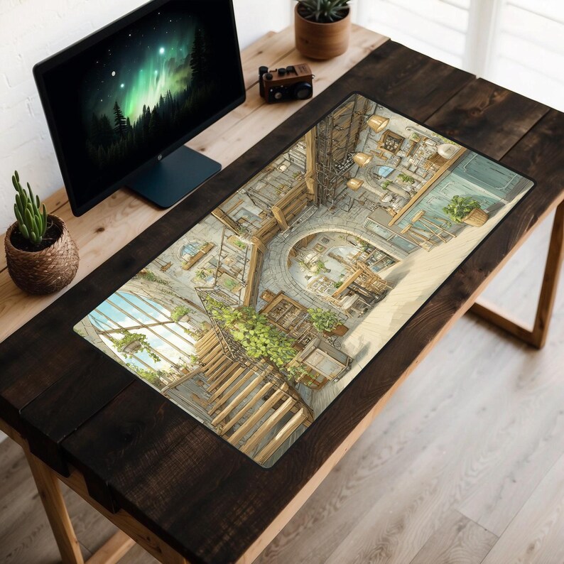 Cozy Cafe Gaming Mouse Pad, Watercolor Bookstore Desk Mat, Gift for Book Lovers and Coffee Addicts, XL Extended Lofi Workspace Mat