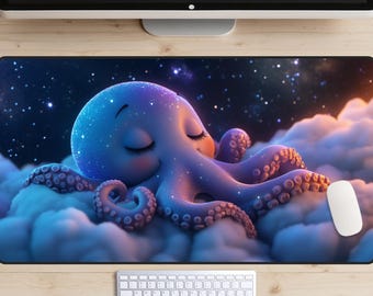 Cute Octopus Desk Mat, Tentacles Desk Pad, Kawaii Desk Topper, Sleepy Squid Mousepad, Dreamy Sky Laptop Mat, Puffy Clouds, Stars, Cozy