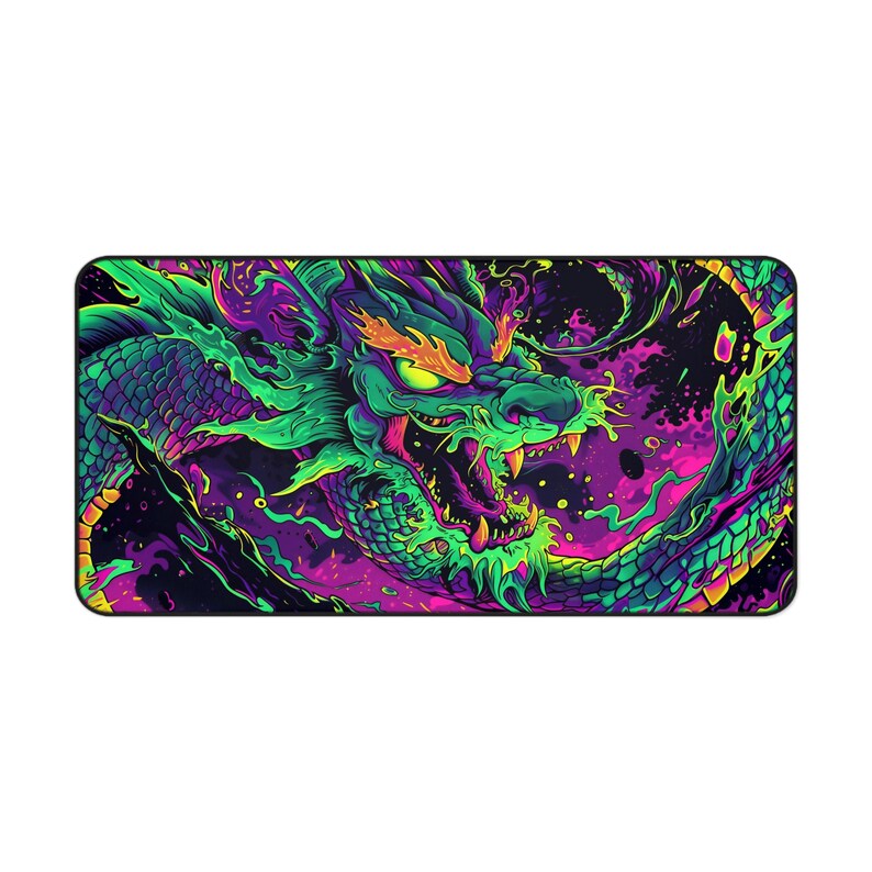 Wild Neon Dragon Desk Mat, Rad 90's Desk Pad, Vibrant Purple and Green Desk Topper, Cyberpunk Style Graffiti Mousepad, Urban Pop Art, Gaming image 6