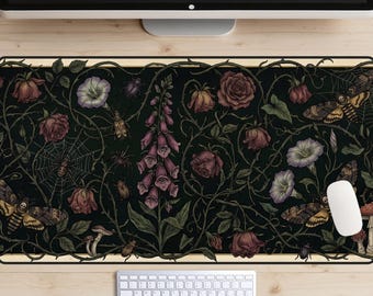 Gothic Botanical Desk Mat, Death's Head Moth Mouse Pad, Dark Whimsigoth XL Gaming Mat, Spooky Cottagecore Thorns Office Decor, Moody Plants