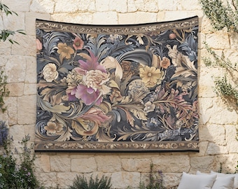 May include: A tapestry wall hanging with a floral design featuring intricate details of leaves, flowers, and vines in shades of brown, pink, and yellow on a dark background.