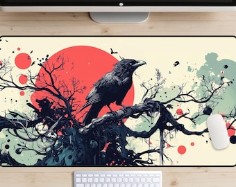 King Raven Desk Mat, Nevermore Desk Pad, Black Crow Desk Topper, Grunge Pop Art Mousepad, Emo Laptop Mat, Gothic Aesthetic, Grim Fantasy