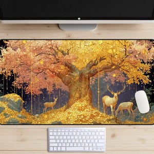 Golden Forest-bureaumat, gouden boom-bureauonderlegger, Sacred Stag-bureaublad, Fantasy Woods-muismat, Dark Academia-laptopmat, Gentle Deer-bureaumat