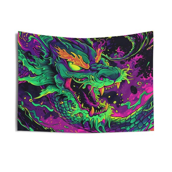 Wild Neon Dragon Tapestry, Rad 90's Wall Art, Vibrant Purple and