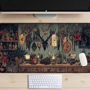 May include: A vintage-style illustration of a witch's workshop featuring a wooden table, shelves, and an array of potions and tools. The walls are decorated with antlers, skulls, and other mystical items. The scene is rendered in a dark, moody palette with a focus on detail.