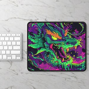 May include: A green and purple dragon with glowing yellow eyes and teeth, on a black background with purple and green swirls.