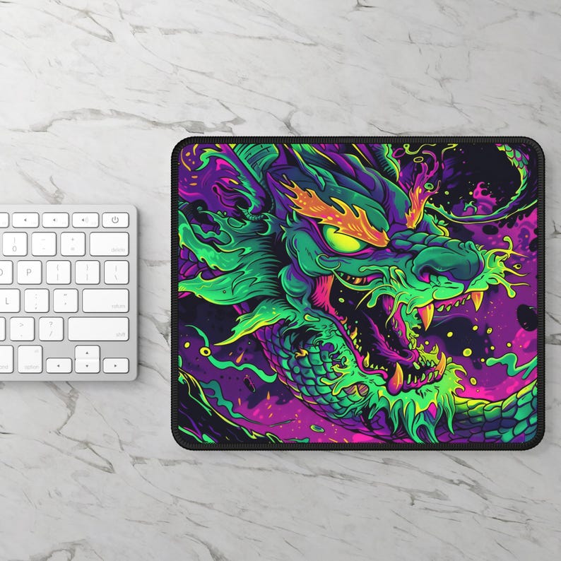 May include: A green and purple dragon with glowing yellow eyes and teeth, on a black background with purple and green swirls.