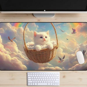 Puede incluir: Un gatito blanco se sienta en una cesta de mimbre, suspendida en las nubes. La cesta está atada a una cuerda y el gatito mira hacia el cielo. El fondo es un cielo azul con nubes blancas y arcoíris. También hay pequeños pájaros volando en el cielo.