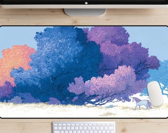Tappetino da scrivania con unicorno e foresta, tappetino da scrivania con foresta da sogno, tappetino da scrivania con unicorno estetico, tappetino per mouse con colori pastello, tappetino per laptop con bosco magico, unicorno rosa