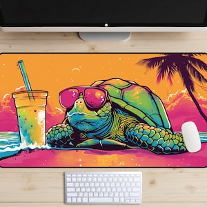 Chill Beach Schildkröte Schreibtischmatte, 90er Jahre Schildkröte Schreibtischunterlage, Boba Tea Mousepad, Y2K Schreibtischaufsatz, Schildkröten Laptop Matte, 80er Jahre Ästhetik, Sommer Vibes