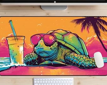Chill Beach Turtle Desk Mat, 90's Turtle Desk Pad, Boba Tea Mousepad, Y2K Desk Topper, Sea Turtles Laptop Mat, 80's Aesthetic, Summer Vibes