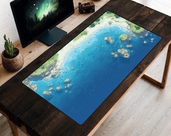 Lofi Beach Desk Mat, Sea Mousepad, Ocean Desk Pad, Video Game Art Play, MTG Play Mat, Cute Laptop Mat, Blue Waters, Peaceful Office Decor
