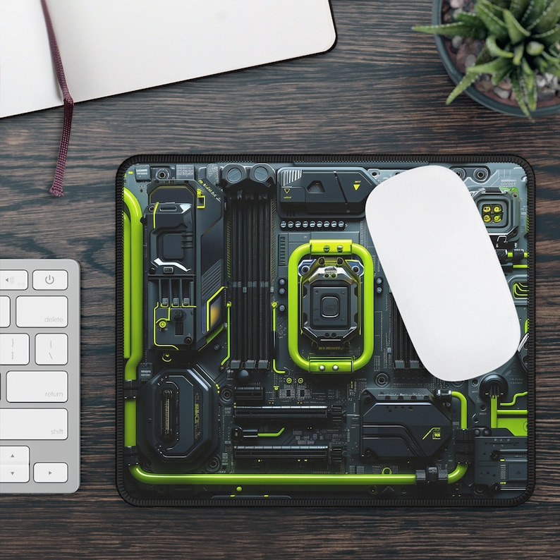 Neongrön Cyberpunk kretskortsskrivbordsmatta, Mecha-skrivbordsunderlägg, Sci-fi-musmatta, Laptopmatta för hårdvara, FPS-spel, Framtida industri, Stordator bild 3