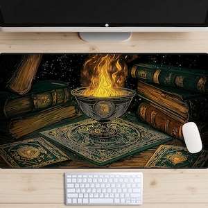 Tapete de mesa de estudo arcano, tapete de mesa de mesa de bruxa, capa de mesa de estudo de feiticeiro, mousepad de biblioteca de mago, tapete de laptop de cálice de fogo, místico, mágico