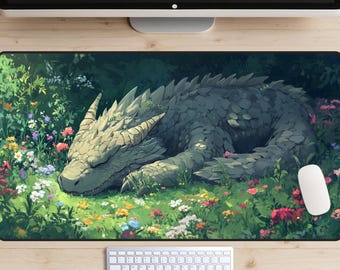 Sleeping Dragon Desk Mat, Earth Dragon Desk Pad, Fantasy Garden Desk Topper, Wyvern Mousepad, MTG Play Mat, Legendary Creature, Cute Gift