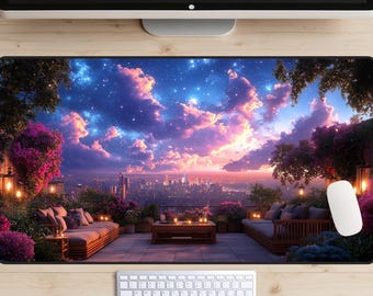 Rooftop Getaway Desk Mat, Lofi Desk Mat, Building Lounge Desk Pad, Incredible View Mousepad, Starry Sky Desk Topper, Big White Clouds, Euro