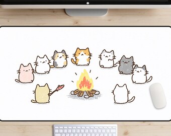 Cozy Campfire Cats Desk Mat, Kawaii Kitten Bonfire Mouse Pad, Large Aesthetic Minimalist XL Gaming Mat, Cute Animal Office Decor, Whimsical
