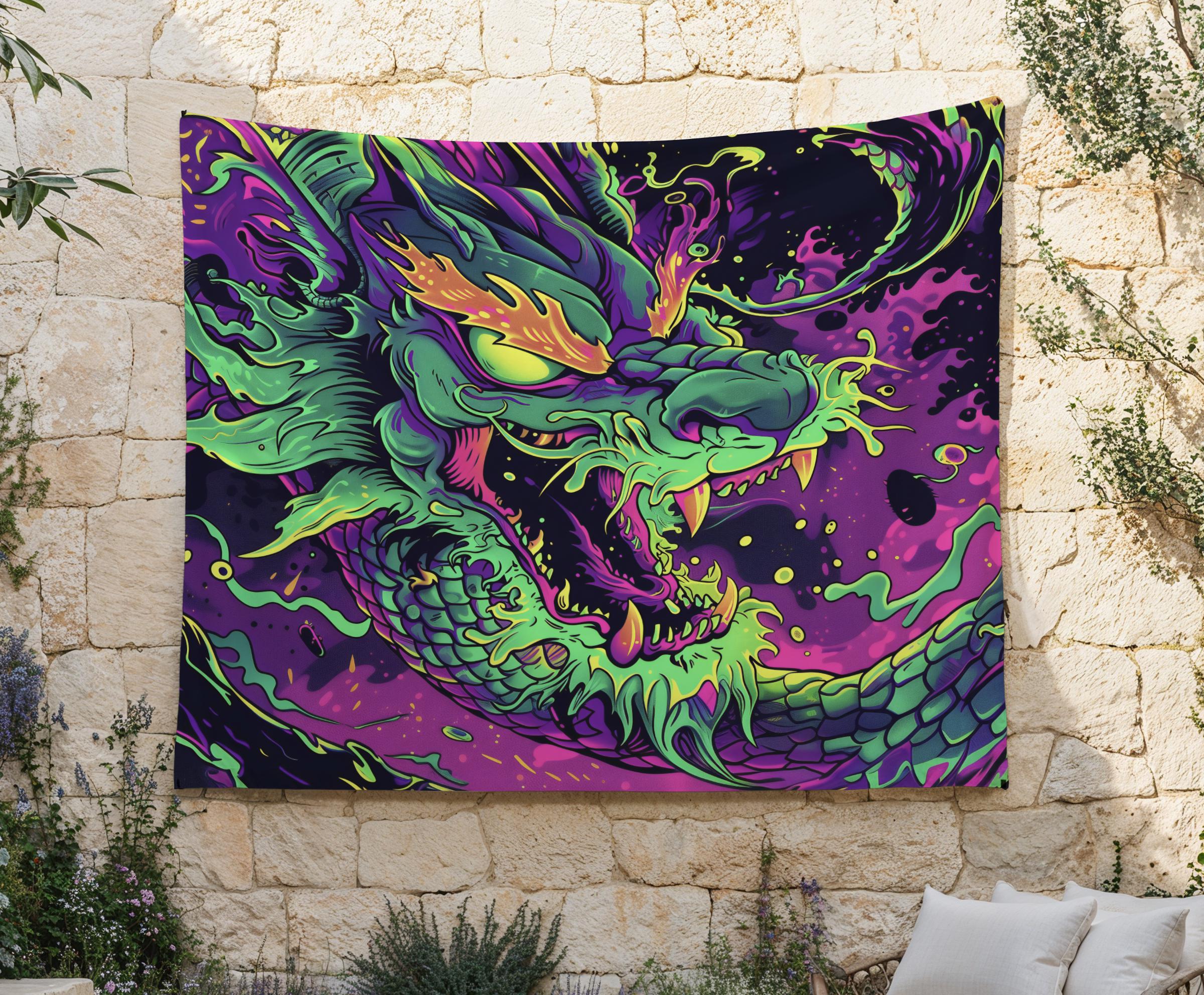 Wild Neon Dragon Tapestry, Rad 90's Wall Art, Vibrant Purple and