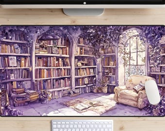Cozy Library Desk Mat, Purple Spring Reading Room Desk Pad, Book Nook Mousepad, Book Lover Gift, Magical Academia Desk Topper, Sunshine
