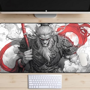 Tappetino da scrivania Red Wukong, tappetino da scrivania Sun Wukong, tappetino per mouse del mito leggendario, copri scrivania Monkey King, Warrior King, tradizione cinese, taoismo, fumo
