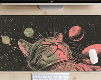 Skrivbordsmatta för rymdkatt, skrivbordsmatta för rymdkattunge, skrivbordsmatta för vintage astronautkattunge, sci fi-musmatta, laptopmatta i gammaldags affischstil