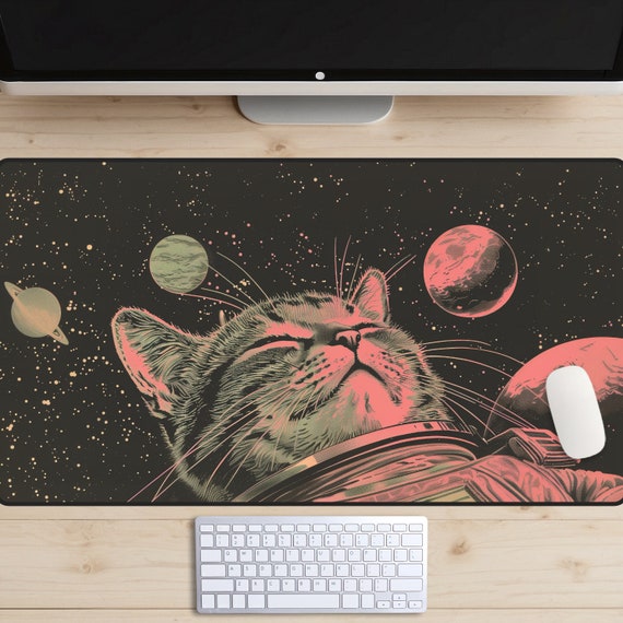 Space Cat Desk Mat, Outer Space Kitty Desk Pad, Vintage Astronaut Kitten Desk Topper, Sci Fi Mousepad, Old School Poster Style Laptop Mat