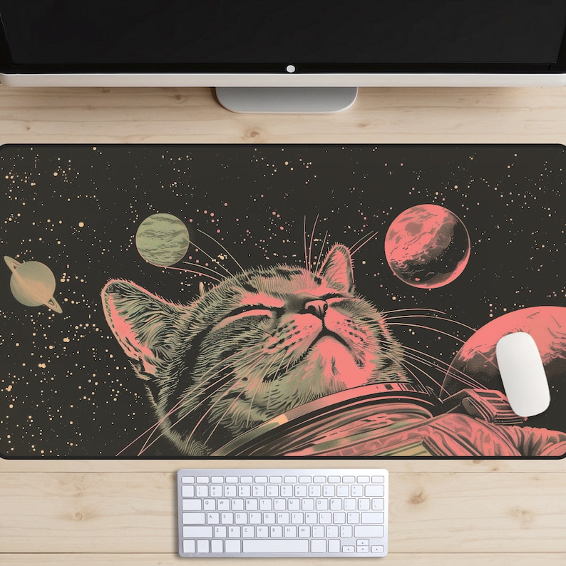 Space Cat Desk Mat, Outer Space Kitty Desk Pad, Vintage Astronaut Kitten Desk Topper, Sci Fi Mousepad, Old School Poster Style Laptop Mat